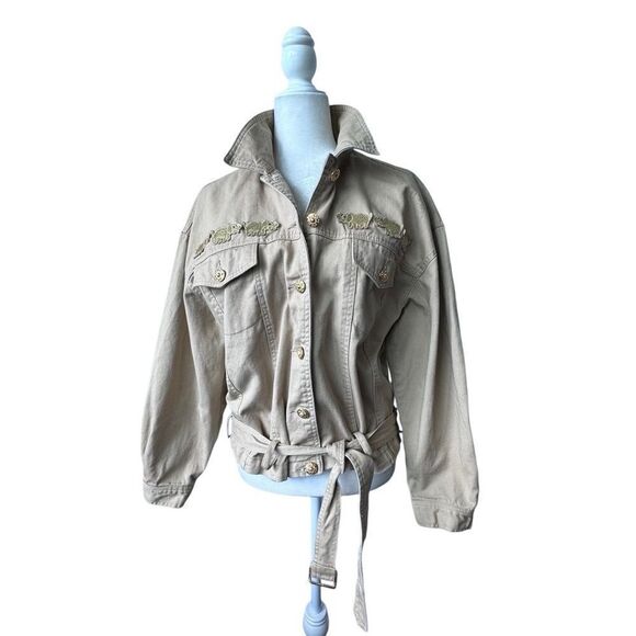 Vintage Tan Bomber Jacket 100% Cotton Women’s Embellished Belt SZ 12 - Picture 13 of 14